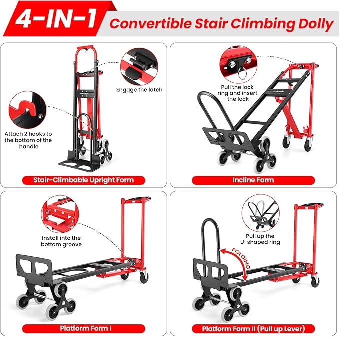 1000LBS Convertible Hand Truck, Heavy Duty Foldable Aluminum Stair Climbing Dolly with Solid Wheels for Moving/Office/Travel (Red)
