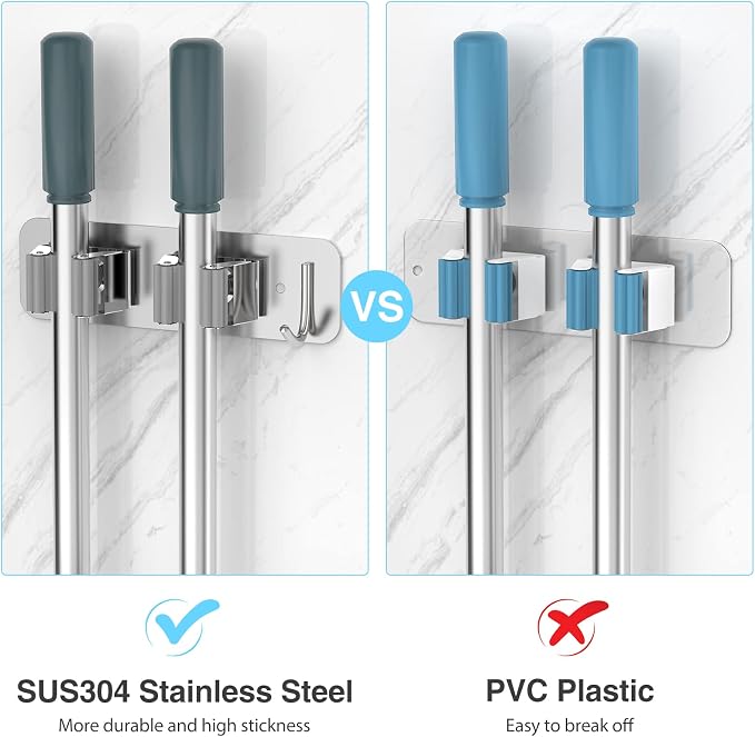 homeasy Wall Mount Mop and Broom Holder, Heavy Duty Stainless Steel Organizer Rack with Hooks | 2-Pack, 2-in-1 No Drill & Screw Installation, Silver