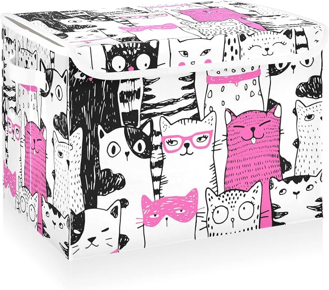 CaTaKu Large Fabric Storage Bins With Lids, Cute Pink Cat Storage Boxes With Handles for Organizing Clothes, Collapsible Storage Cube Bins for Shelve