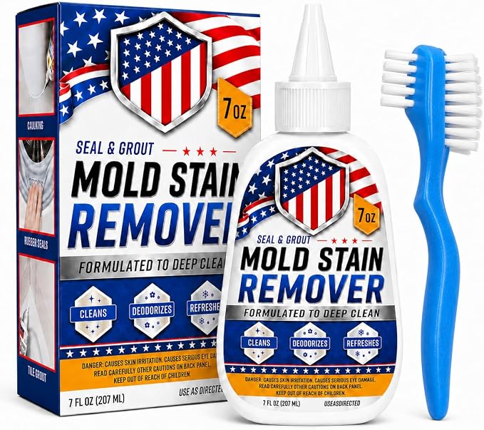 Mold Stain Cleaner Gel 7oz, Powerful Thick Stain Remover with Brush Applicator for Tile Lines, Sink Edges, Shower, Washing Machine Gasket, Rubber Loader Seal, Bathroom Grout, for Hard to Reach Stain