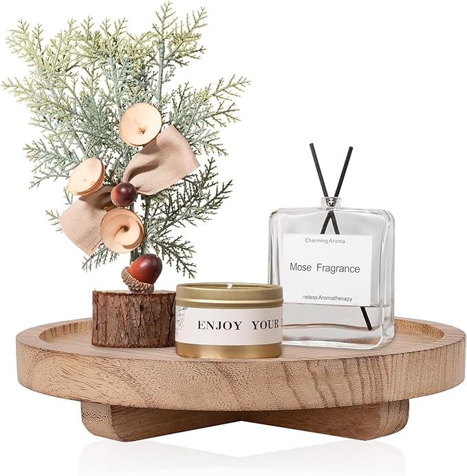 Round Decorative Tray Farmhouse Kitchen Decor Soap Dish, 8" Brown | Waterproof, Lightweight, Easy Clean, Wood Riser Pedestal Stand Accessories for Office Desk, Vanity, Counter, Sink