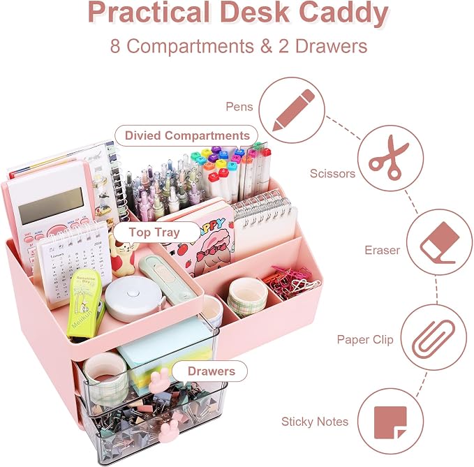 Meiikun Desk Organizer, Makeup Organizer with 2 Drawers, 7 Compartment & a Top Tray, Desktop Organizers and Storage for Women, Cute Home organization Bathroom, 11" x 5.7" x 4.7" (Pink)