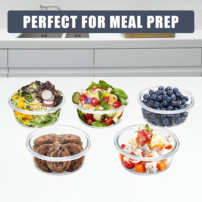 6 Pack 13oz Small Round Glass Meal Prep Containers with Airtight Lids | Perfect for Small Portions, Glass Food Storage Containers with Snap Lids, Freezer to Microwave Safe, Dishwasher Safe