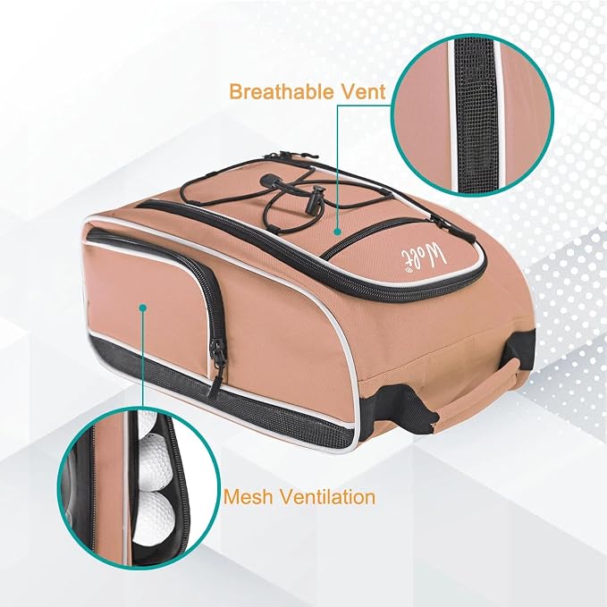 Wolt |Golf Shoe Bag for Travel- Zippered Shoes Carrier Bags with Ventilation & Double Outside Accessory Pocket for Socks, Tees, Golf Balls, Etc. for Women and Men (LightPink)