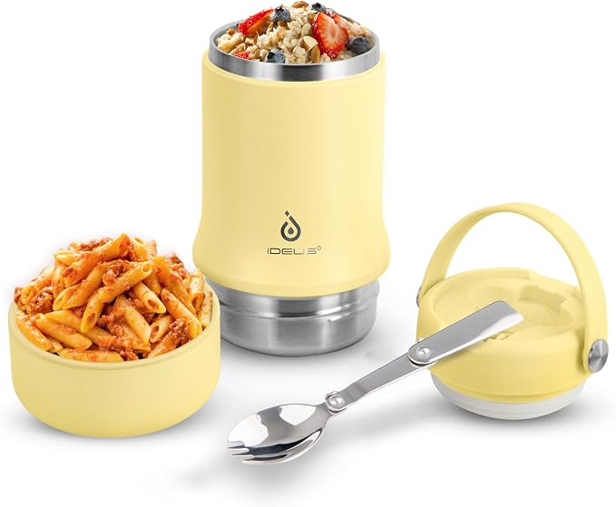 Ideus Soup Thermo with Foldable Spoon and Bowl 20oz, All-in-one Insulated Bento Lunchbox Stainless Steel Leakproof Portable Soup Container Vacuum Thermal Food Jar for Lunch (Light Yellow)