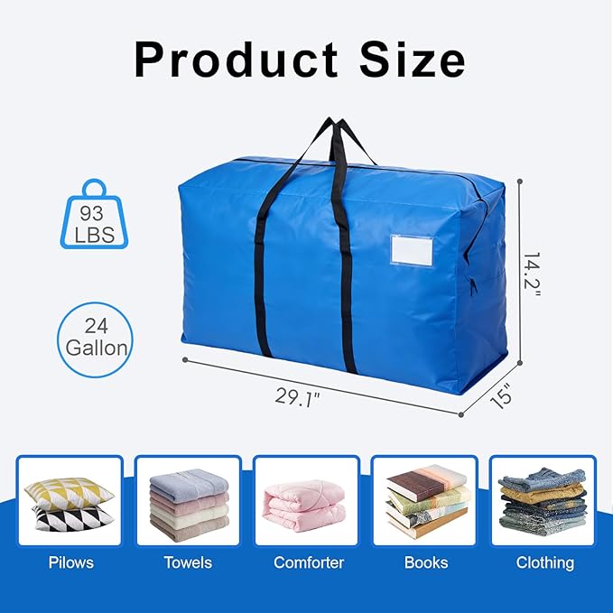 4 Pack Heavy Duty Moving Bags with Backpack Straps & Handles, Large Storage Bags with Zipper for Clothes, College Moving Supplies and Dorm Essentials (24 Gal, Blue)