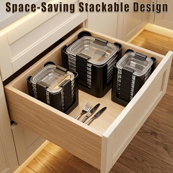 Stackable Food Container Lid Organizer, for Rubbermaid Brilliance Snap-on Lids, 3-Piece Kitchen Cabinet Storage Holds 24 Lids,Black
