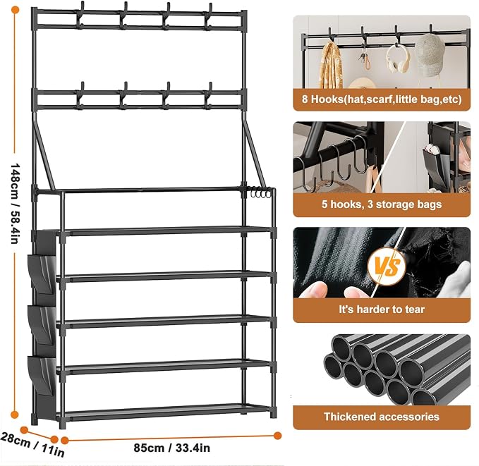 OYREL Shoe Rack, 5 Tier Shoes Storage Organizer with Hooks and Side Pocket | 20-25 Pairs, for Closet/Entrance/Entryway, Stackable & Detachable Closet Organizers and Storage Free Standing Shoe Rack