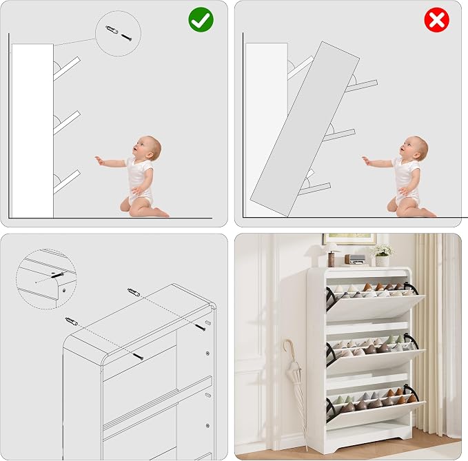 Garvee Hidden Shoe Cabinet, White | 3 Flip Drawers, Freestanding, For Entryway, Hallway, Foyer, Modern Design, Small Space