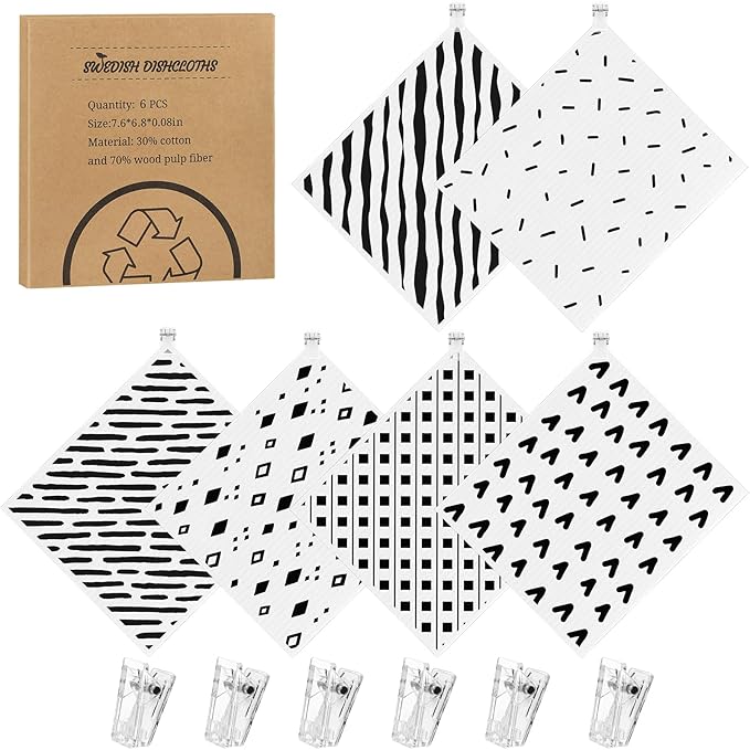Needbrock 6 Pack Swedish Dishcloths for Kitchen,Swedish Rags Dish Towels with Clips, Reusable Paper Towels Washable Absorbent Cellulose Sponge Cloths No Odor for Countertop Sink Kitchen