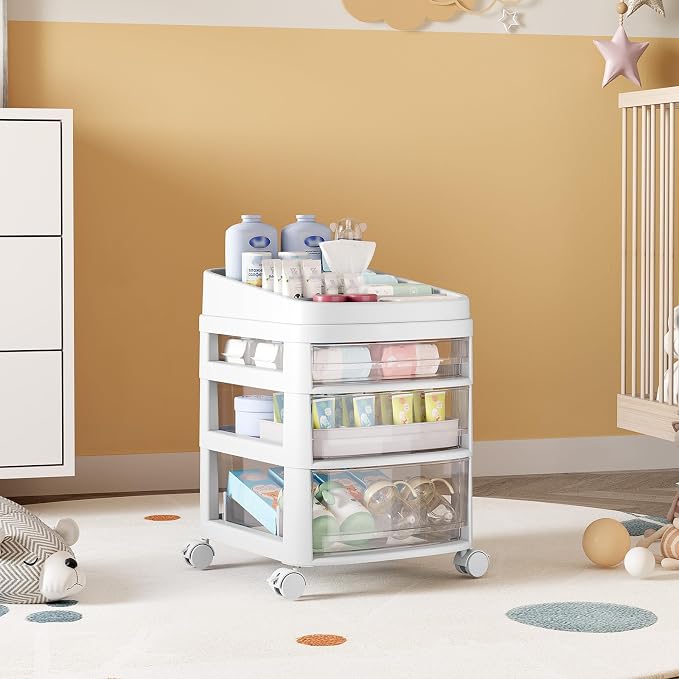 Rolling Cart with 3 Drawers, Clear Plastic Drawer Organizers, Dust Proof Under Desk Storage for Makeup, Skincare, Art Crafts and Baby Items, Acrylic Cosmetic Organizer with Dividers, Vanity Cart