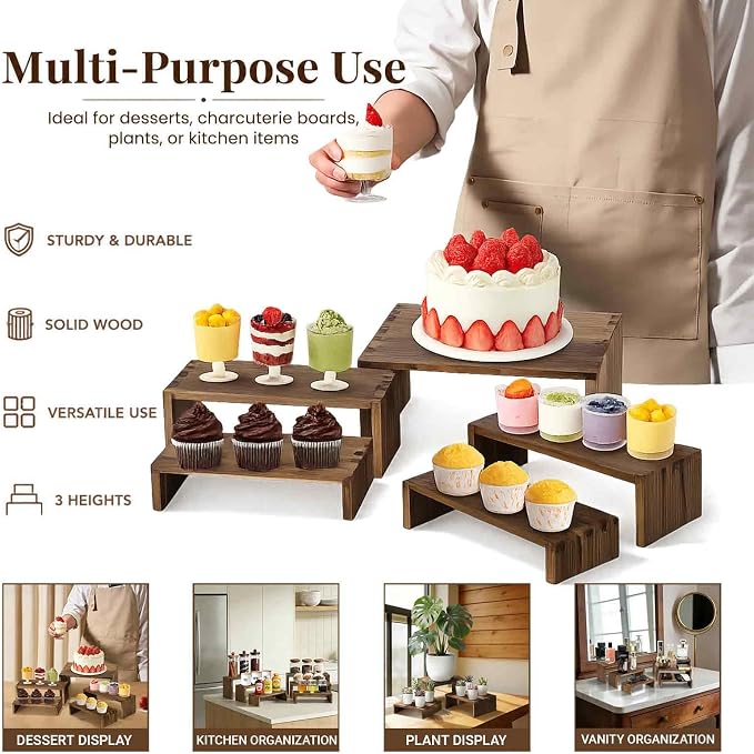 3-Tier Wood Display Riser 2 Set, Tiered Display Stand for Food, Kitchen, Desk & Party - Solid Pine Wooden Shelf & Organizer for Plants, Collectibles, Office (9.5/8.5/7.5 In)