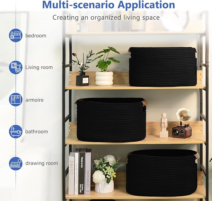 ECDYQXVU 15x10x9 Black Woven Cotton Rope Storage Basket Handles 2 Pack | Foldable Design, Leather Handles, Easy to Clean Organizer for Living Room, Closet, Shelves, Bedroom, Laundry, Clothes