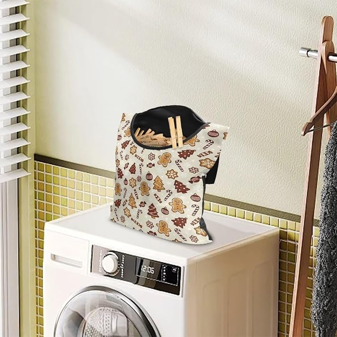 Gingerbread Man Clothespin Bag with Hanging Hook Christmas Clothes Pin Holder Waterproof Clothespin Storage Organizer with Large Opening Clothespin Bag for Clothesline Outdoor