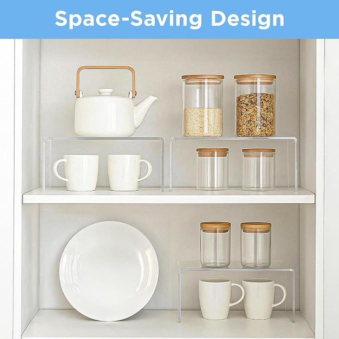 4 Pack Large Acrylic Risers – Clear Display Shelf Organizer for Kitchen, Countertop, Spices, Perfume, Cupcakes (12.4” x 4” x 4.6”) – Non-Slip & Durable