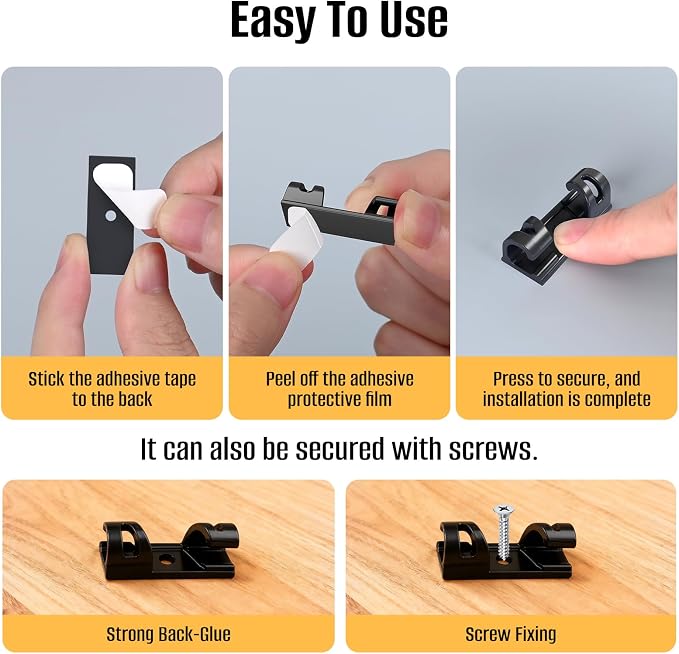 50 Pcs Self Adhesive Cable Clips,Upgraded Cable Management with Screw Hole,Strong Cord Organizer for Under Desk,Car,TV PC,Christmas Light Indoor/Outdoor-Black S