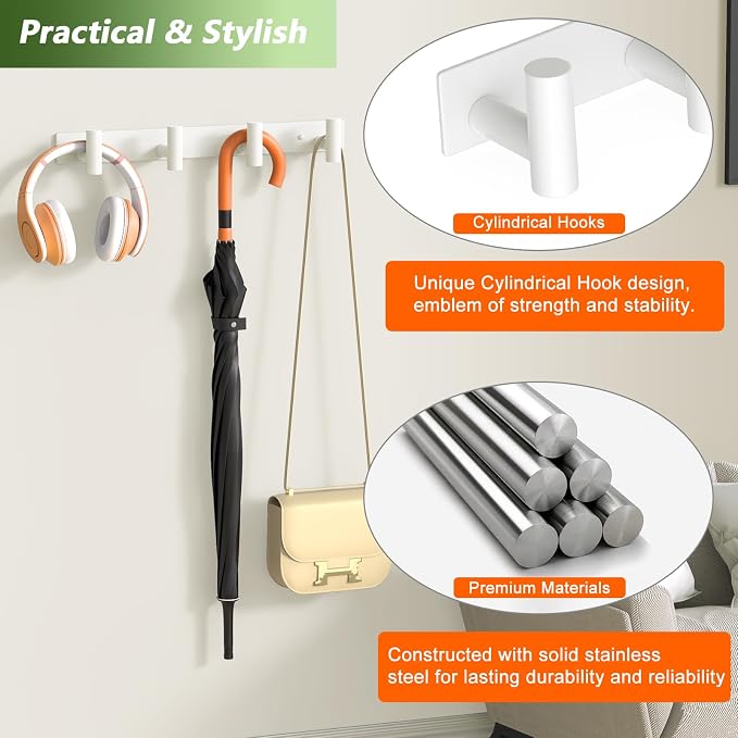 Wall Mounted Coat Rack-4 Hooks, Heavy Duty Stainless Steel Wall Hooks for Towel Coat Bag, Hat Rack Coat Hanger Coat Hooks Towel Racks for Bathroom Entryway Kitchen Office (White, 1 Pack)