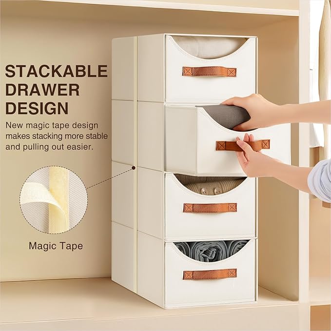 Homsorout Stackable Storage Drawers - Collapsible Storage Bins with Drawers, 8 Pack Closet Shelf Organizer Basket, Fabric Pull Out Organizer for Bedroom, Living Room, Dorm, Beige
