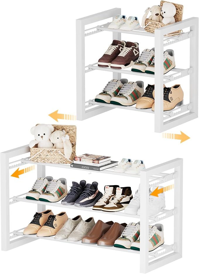 Homeiju Expandable Shoe Rack, 3 Tier Metal Shoe Shelf, Adjustable Shoe Stand for Sneakers, Boots, Heels, Heavy-Duty Steel Standing Shoe Organizer for Entryway, Closet, Bedroom, White