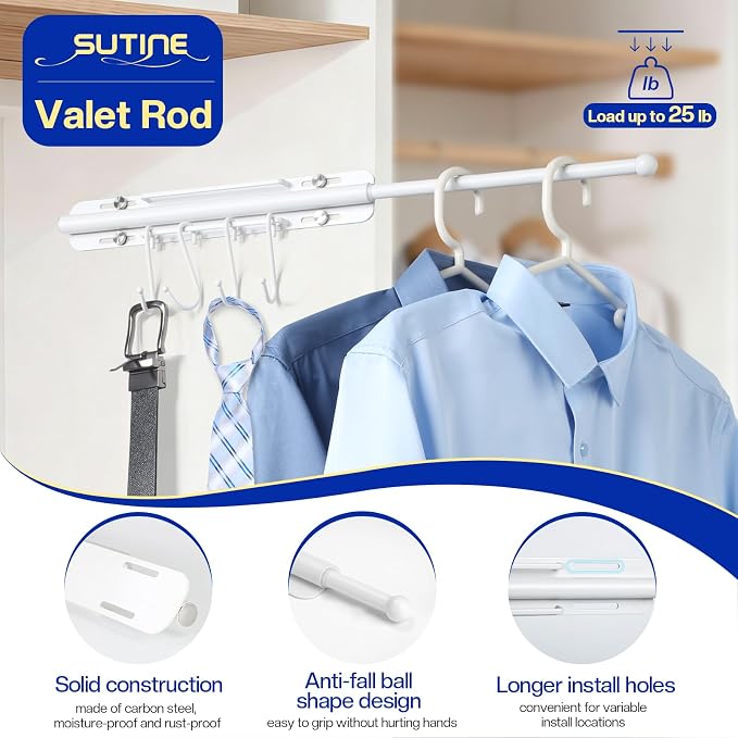 SUTINE 12 inch Valet Rod for Closet Pull Out, Heavy Duty Closet Valet Rods Slide Out, Adjustable Pull Out Closet Rods for Hanging Clothes with 4 Hooks Closet Organizers and Storage (White)