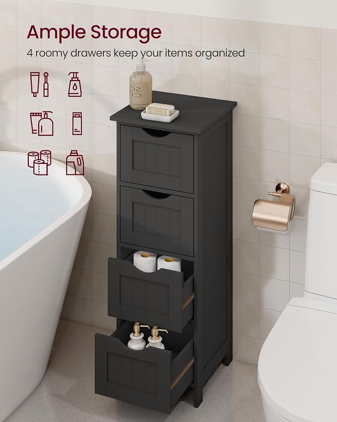 VASAGLE Slim Bathroom Storage Cabinet, MDF Freestanding Floor Organizer with 4 Drawers, Narrow Laundry Room Storage, 11.8 x 11.8 x 32.4 Inch, Black, for Kitchen Pantry, Sofie Collection ULHC040B01