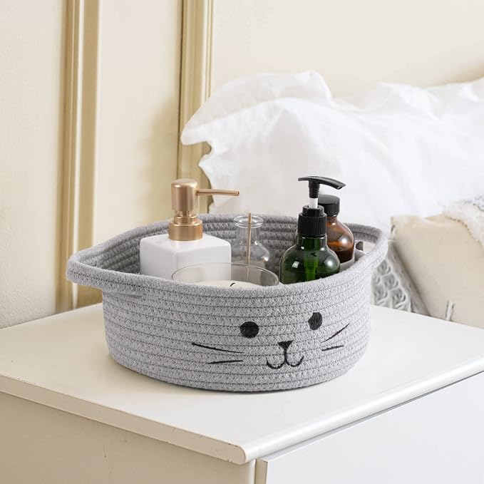 Small Woven Rope Storage Basket, Cute Cat Toy Basket for Living Room, Baby Baskets for Nursery, Gift Baskets Empty for Baby Shower, Grey, 9.8 x 4 inches