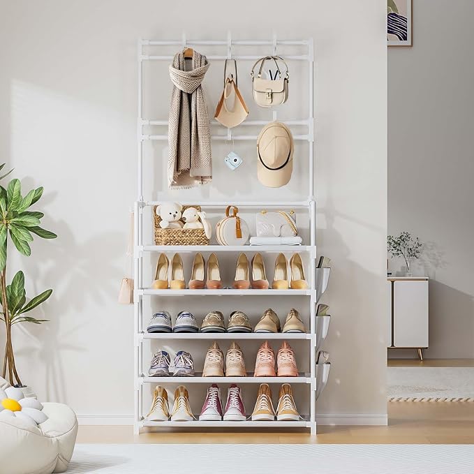 Shoe Rack 5 Tier Shoe Organizer Storage 15-20 Pairs for Closet Entrance | Stackable & Detachable Shelf with Hooks and Side Pocket Entryway Shoe Holder Space Saving Closet Organizers and Storage