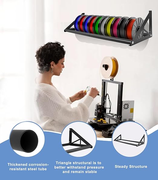 2 Tier Wall Mount Filament Storage Rack Holds 20 Rolls 1KG 3D Printer Spool | Holds 18+ Spools, 50LBS Load/Shelf, 22mm Heavy Pipe, Fits Small Print Farms, Assembles in 15 Mins, Versatile Storage Use
