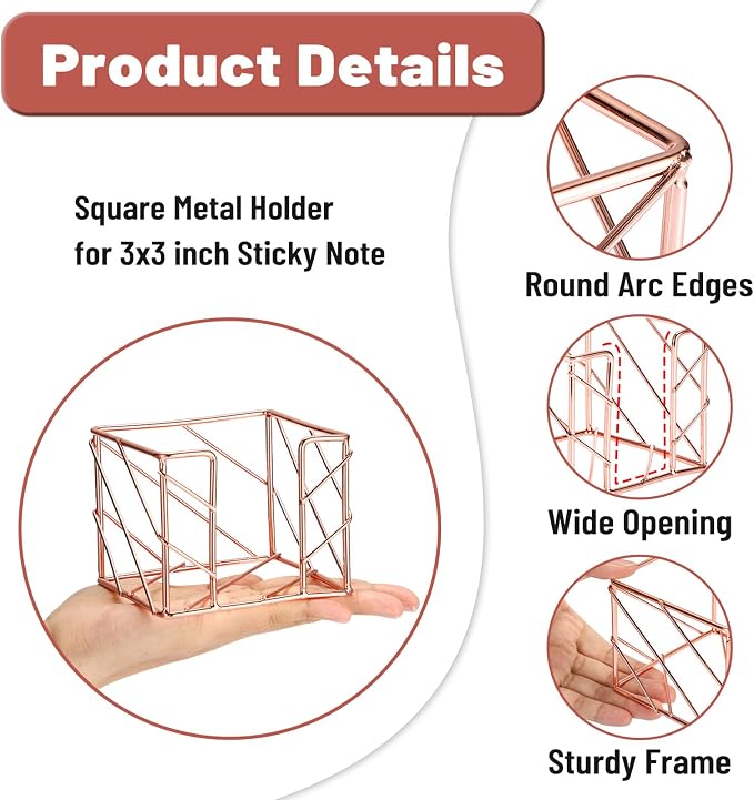 BTSKY Metal Sticky Note Holder, 3x3 Inch Post It Note Dispenser, Modern Memo Cube Holder Desk Organizer for Office & Home, Iron Sturdy Desktop Sticky Note Storage, Rose Gold