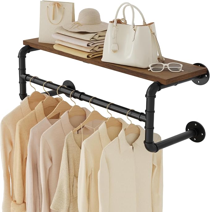 Yawinhe Industrial Pipe Clothing Rack with Shelves,Closet Rod,Rustic Brown | Heavy Duty Detachable Multi Purpose Hanging Rod ;Wall Mounted Rod;Clothing Garment Rail for Homes;Saving Space Clothes Bar