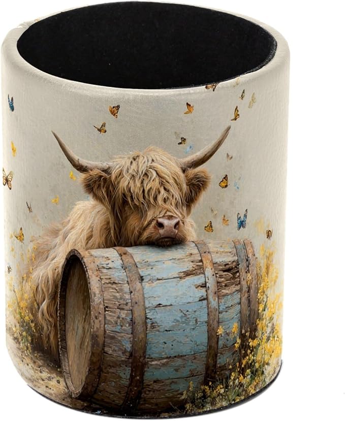 Faux Leather Pen Holder for Desk, Pencil Organizer Highland Cow Pen Cup Desk Decor Makeup Brush Holder Storage for Office Home