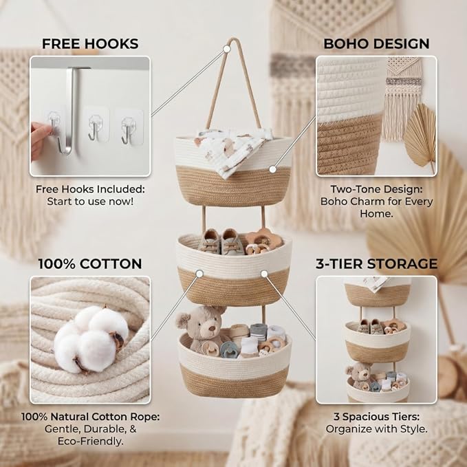Hanging Basket, Woven 3 Tier Over Door Basket with 4 Hooks | Hanging Storage Basket for Door, Wall, Nursery, Bathroom, Bedroom, Decorative Over Door Basket Organizer for Stuffed Animals
