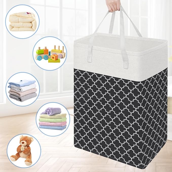 BlissTotes 3-Pack Laundry Basket, Freestanding＆Waterproof Laundry Hamper, Collapsible Tall Clothes Hamper with Easy Carry Handles for Clothes, Towels in the Family and Dorm,Clover Black,100L
