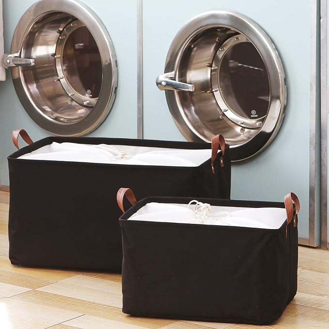 Hinwo 31L Large Storage Bins, 2-Pack Closet Organizers and Storage, Foldable Clothes Storage Baskets with Handles, Containers for Clothing, Blanket, Towels, Toys, Bedding (Black)