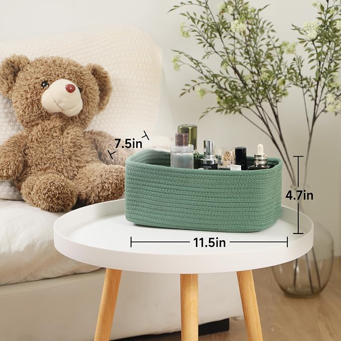 MiniArk Small Storage Baskets for Organizing | Closet Organizer Bins | Shelf Toy Basket | Woven Rope Baskets | Cube Decorative Box | Shallow Basket | 11.5x7.5x4.7” | 3 Packs Green