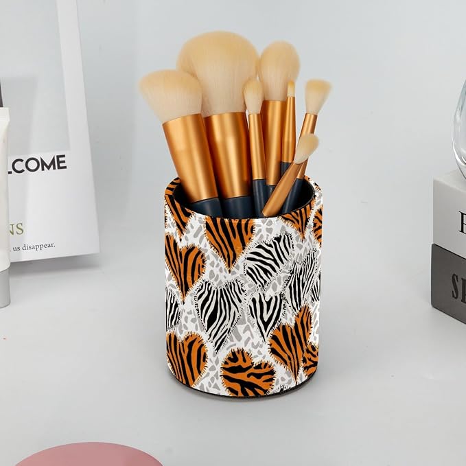 Leather Pen Holder for Desk, Tiger Zebra Print Pencil Cup Pen Organizer Makeup Brush Holder for Office Home Kids Countertop Desk Accessory Storage