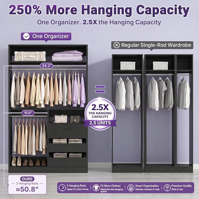 iSunirm 36'' Closet System with Long Hanging Rods, 3FT Modular Closet Organizer System with 4 Shelves, Wood Walk-in Closet with Closed & 2 Half-Open Drawers, 80" H Adjustable Garment Rack, Black
