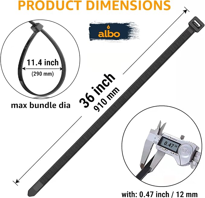 ALBO Black Zip Ties 36 Inch Plastic Cable Ties 50 Pack Tie Wraps Heavy Duty 200lb UV Resistant Nylon Wire Ties