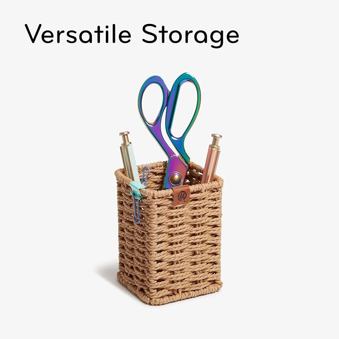 U Brands Woven Pencil Cup, Rattan-Inspired Wicker Style Office Organization Supplies, Natural Wood, 1 Count