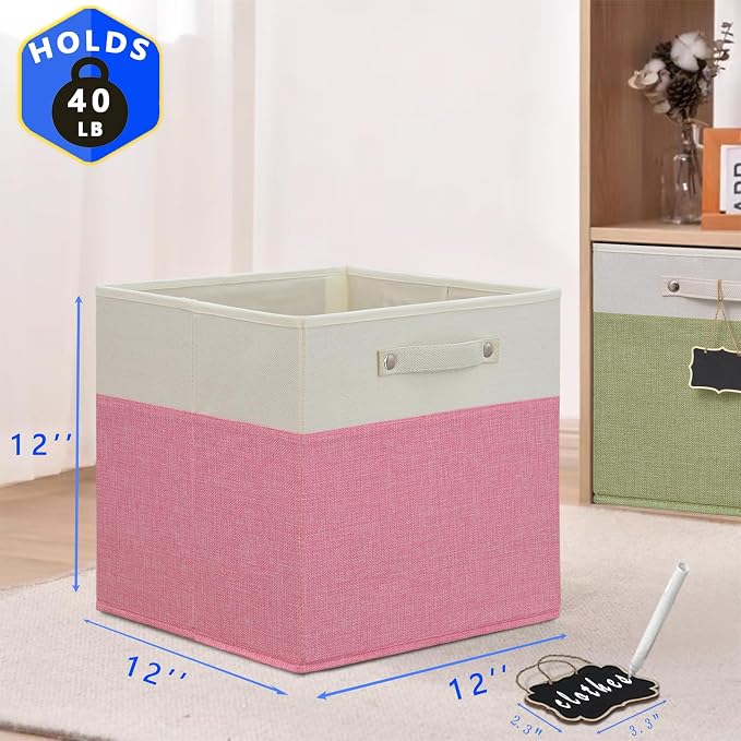Storage Cubes,12 inch storage bins,Foldable Fabric Storage Cubes with Labels 4 Pack,Linen Cube Storage Organizer Bins Kallax Storage Cubes for Organizing Shelves Cabinet(White pink).