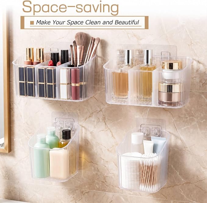 7 Pack Cabinet Door Organizer Adhesive Wall Mount Storage Bins Makeup Containers Stackable Organizer Basket for Kitchen Cabinets, Bathroom, Pantry, Office, Refrigerator (Frosted Clear)