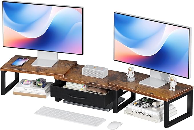 Desk Organizers and Accessories, Dual Monitor Stand Riser with Drawer, Computer Monitor Stand, Adjustable Desk Shelf for PC Laptop Printer TV, Brown