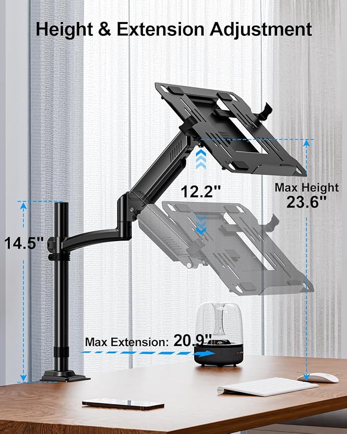 MOUNTUP Laptop Desk Mount, Adjustable Laptop Stand for max 17" Notebook or 32" Monitor, Laptops Arm Mount for Desk Holds 4.4-22lbs, Tall Laptops Stand with Clamp/Grommet