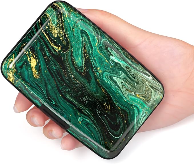Credit Card Holder for Women, Small RFID Metal Credit Cards Wallets Cute Business Card Holder Pocket ID Case, Green Gold Marble