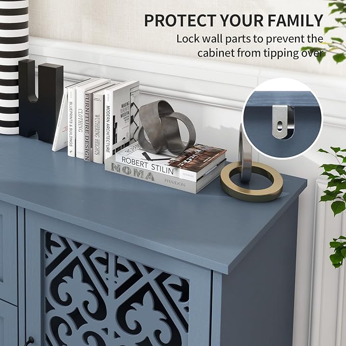 vistavie Sideboard Buffet Cabinet with Storage - American Furniture Cabinet, Accent Storage Console Table with Carved Pattern, Farmhouse Wood Credenza for Study Room, Entryway, Dining Room, Kitchen