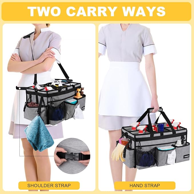 Extra Large Cleaning Caddy Bag with Rigid Support Board, Cleaning Organizer Tote with Detachable Divider, Adjustable Shoulder Strap & Waist Belt, Cleaning Supply Carrier for Cleaners & Housekeepers