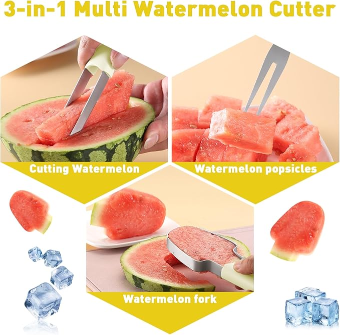 Watermelon Cutter, 3-in-1 Watermelon Fork Slicer, Stainless Steel Popsicle Maker, Multi Melon Cutter for Camping Kitchen Gadgets (Off White)