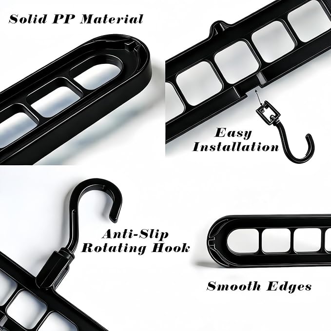 9 Space-Saving Hangers Heavy-Duty PP Plastic Tiered Hanger Organizer with Non-Slip Foldable Design, for Closet (Black, 5)
