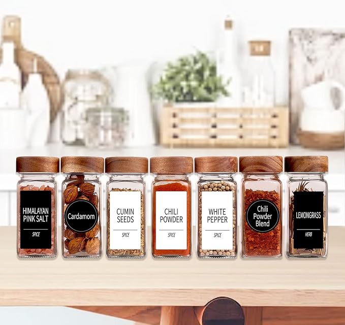 Churboro 36 Pack 4oz Glass Spice Jars with 547 Labels, Acacia Wood Lids | Empty Square Spice Bottles with Acacia Wood lids, Labels, Funnel & Chalk Pen. Keep Seasoning Containers Neat and Organized