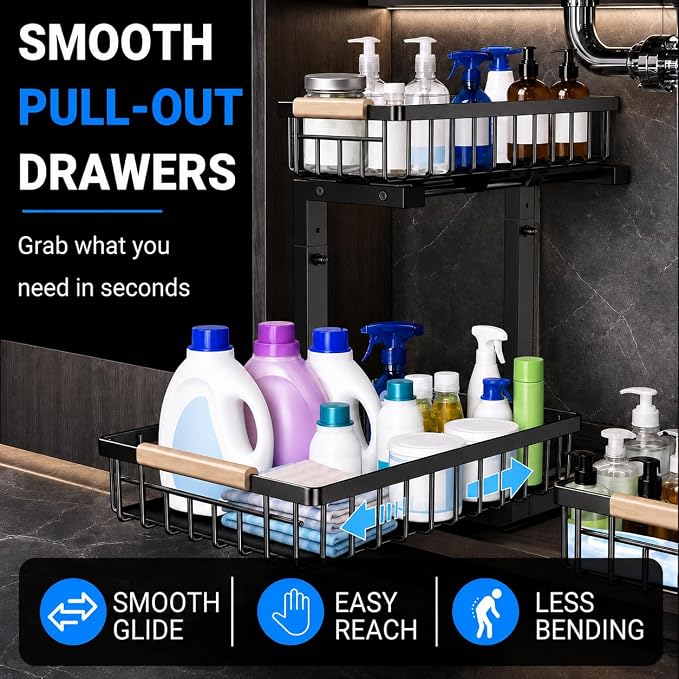Under Sink Organizer, Pull Out Kitchen Storage Cabinet Organizer, 2-Tier Metal Slide Out Shelf for Bathroom Laundry Kitchen Storage with Drawers, 11.8"W x 15.9"D x 13.8-16.9"H, Black, 2 Pack